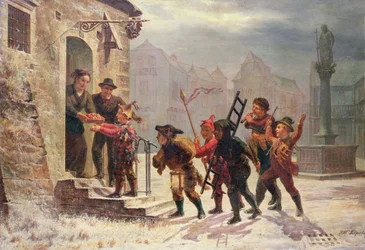 Enfants cueillant des fruits à la porte
